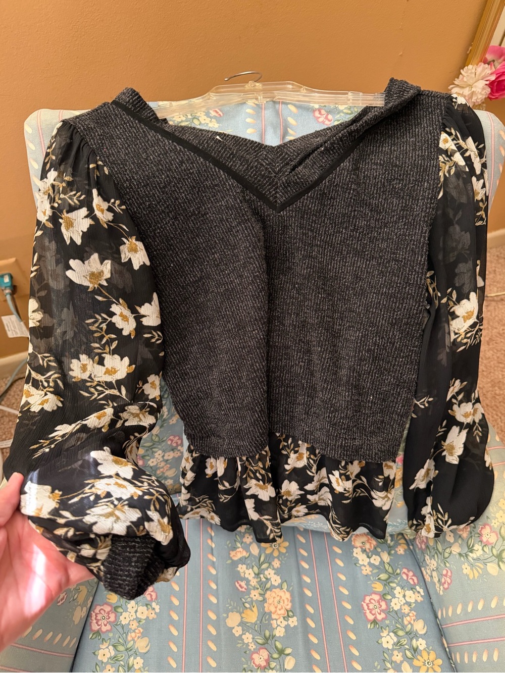 Maurices Black Knit Bodice Floral Sheer Sleeve V-Neck Top